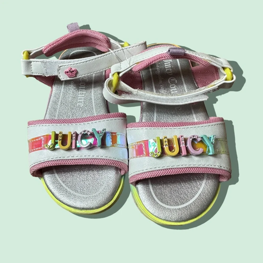 Baby Girl Colorful White Silver Juicy Couture Velcro Strap Sandals Size 7